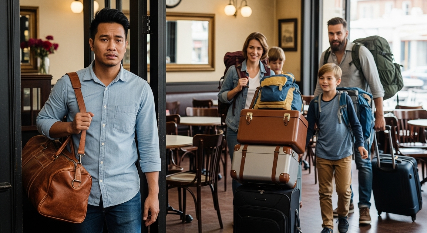 荷物を抱えてカフェに入る人