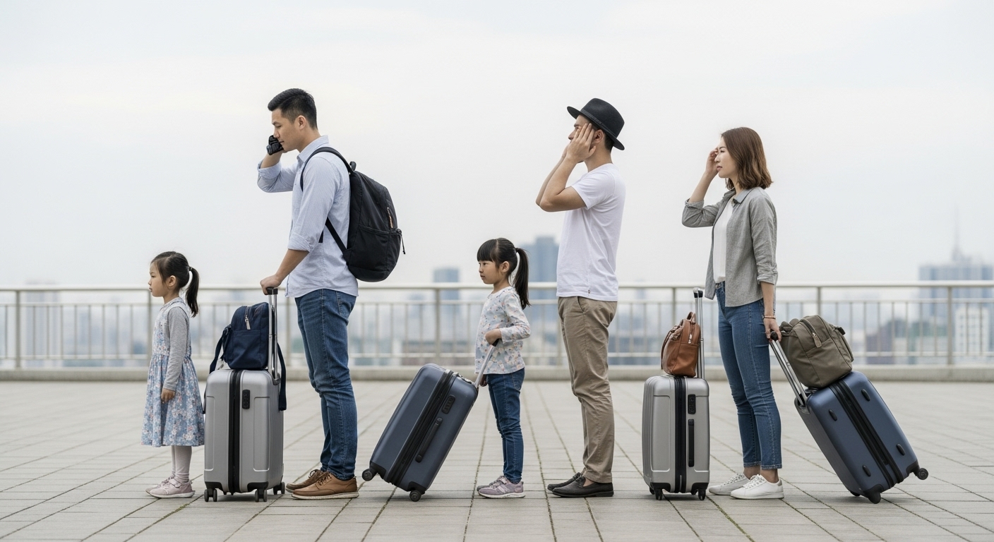 重いスーツケースで困る観光客
